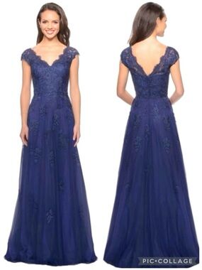 La Femme Evening Gown Dress Marine Blue 10 Embellished Lace Beaded Occasion NWT